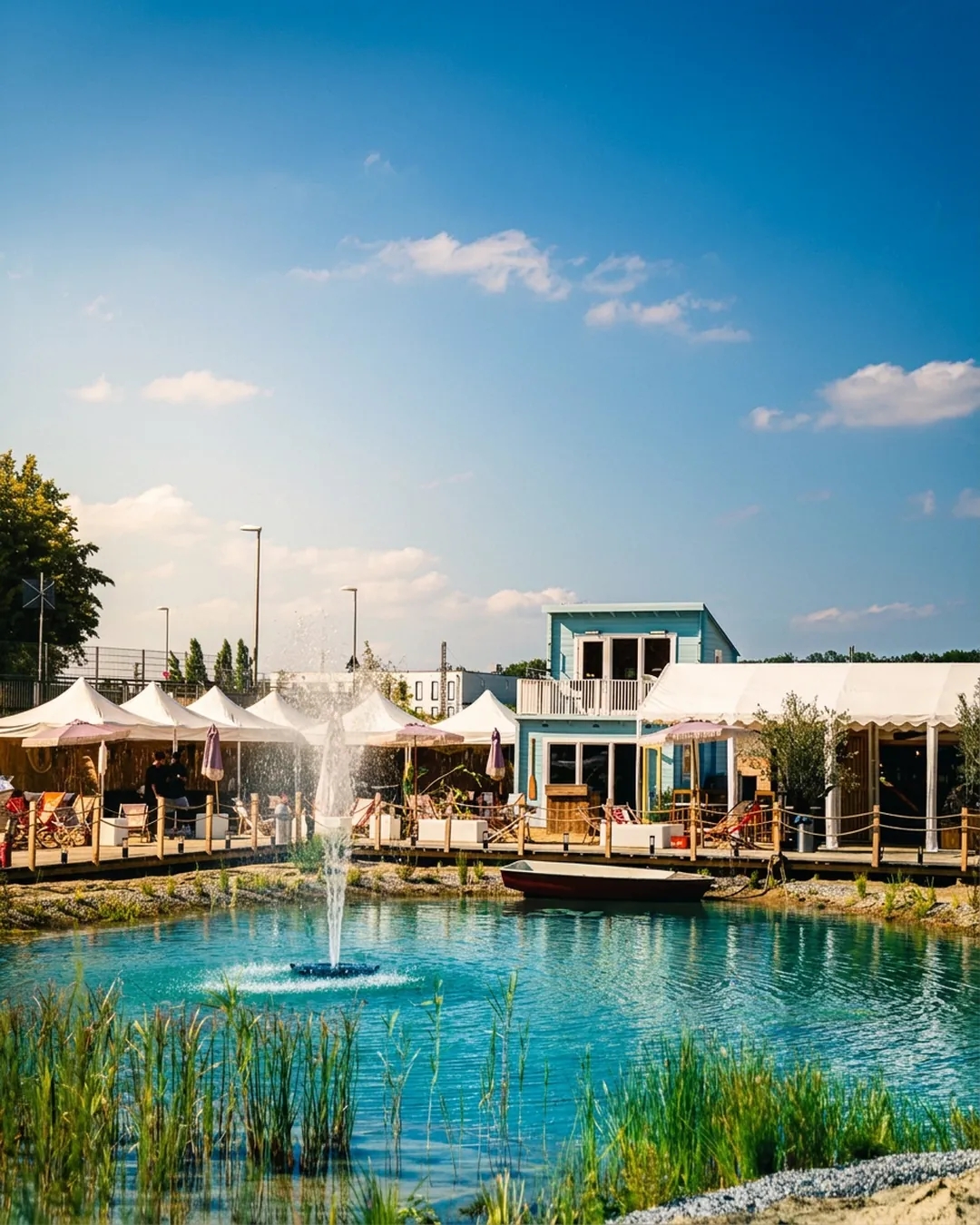 Fontäne im Teich vor dem Beachhaus der Marina